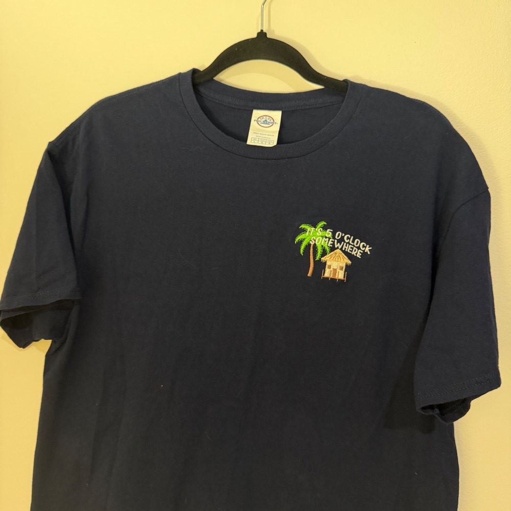 Vintage 5 O'Clock Somewhere Embroidered Tiki Beach T-Shirt Mens L Navy